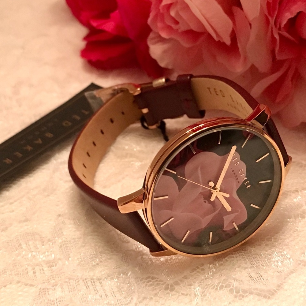 Ted Baker Floral Dial Leather Strap Womens’ Watch